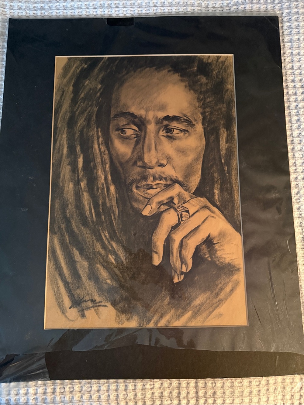 Hand-Drawn Charcoal Portrait on Tan Paper - Brown/Tan of Bob Marley